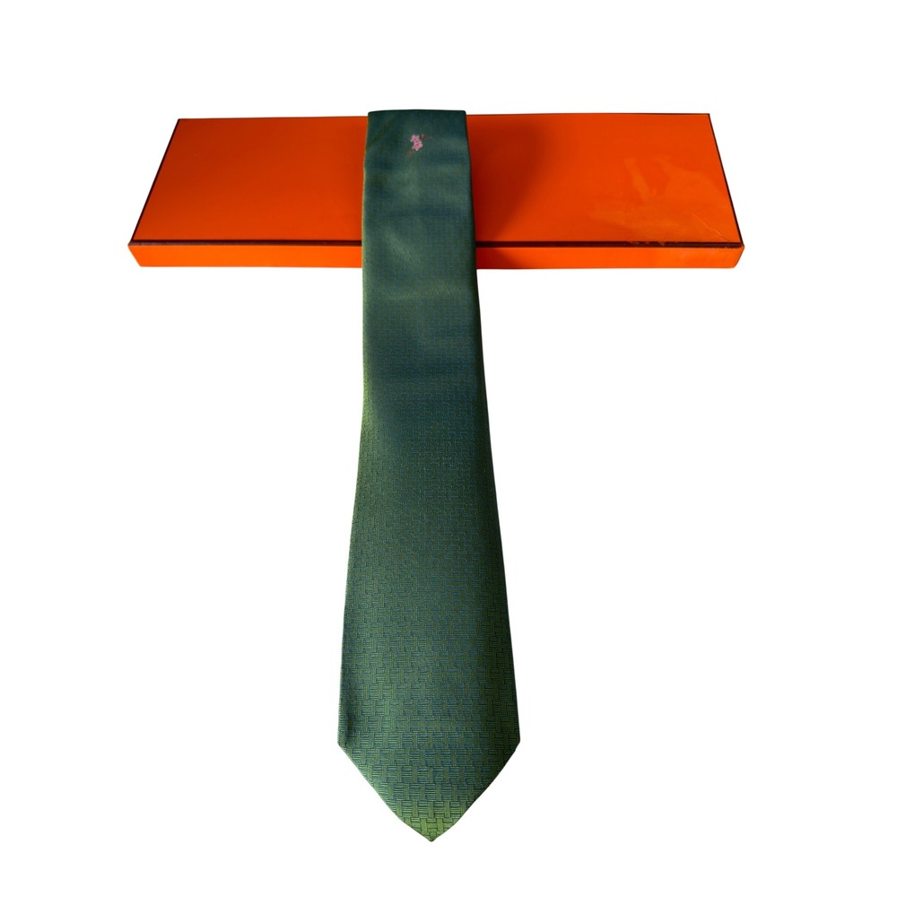 Hermes Paris Green Geometric Silk Neck Tie New Unused NIB France Basketweave - Picture 8 of 10